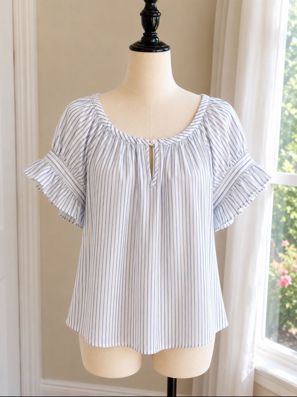 Max Studio Blue and White Vertical Stripe Ruffle Sleeve Top